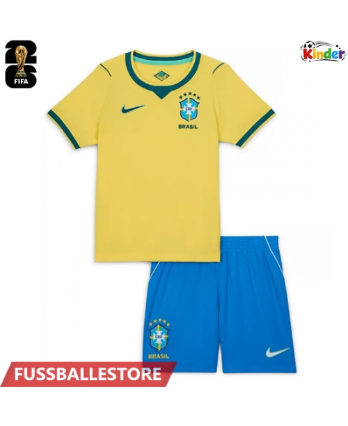 Günstige Brasilien Heimtrikotsatz Kinder WM 2026 Kurzarm (+ Kurze Hosen)